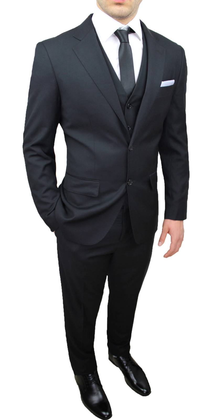 ABITO COMPLETO UOMO NERO COORDINATO GIACCA PANTALONI CRAVATTA GILET E  POCHETTE